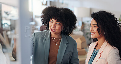 Buy stock photo Happy, collaboration and women with ideas, business and fashion designer with board for planning or brand. Talking, entrepreneur and people with info for clothing design, stylist and smile for launch