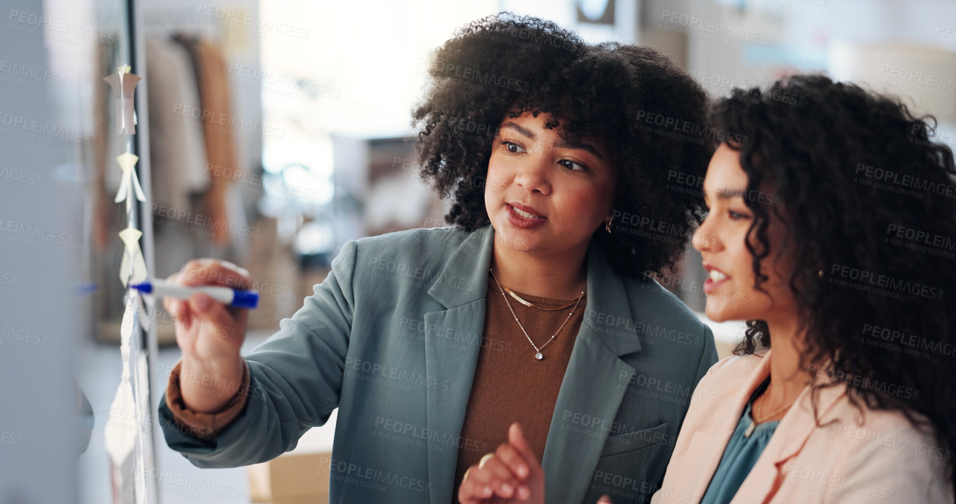 Buy stock photo Writing, collaboration and women with sticky notes, business and fashion designer with ideas for brand. Plan, partnership and people with info for clothing design, stylist or brainstorming for launch