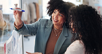 Buy stock photo Happy women, team and writing with ideas for small business, planning or brainstorming at office. Female people, distributor or fashion designers with smile for distribution strategy or design