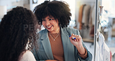 Buy stock photo Happy, collaboration and women with ideas, talking and fashion designer with info for brand and business. Smile, people and sticky notes for clothing design, stylist and brainstorming for launch