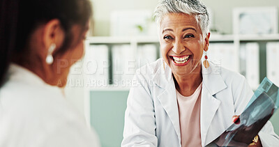 Buy stock photo Appointment, women and doctor with xray, healthcare and smile for diagnosis in hospital or checkup. Clinic, medical professional and mature person with information for consultation, happy and talking