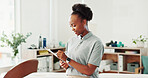 Black woman, clinic or physiotherapist writing on clipboard for patient details, results or information. Wellness, rehabilitation or female person with checklist for schedule or medical service notes