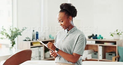 Buy stock photo Black woman, clinic or physiotherapist writing on clipboard for patient details, results or information. Wellness, rehabilitation or female person with checklist for schedule or medical service notes