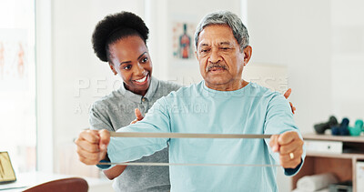 Buy stock photo Resistance band, physical therapy and mature man in clinic for consultation with muscle recovery. Injury, healthcare and woman physiotherapist helping senior male patient with stretch arm exercise