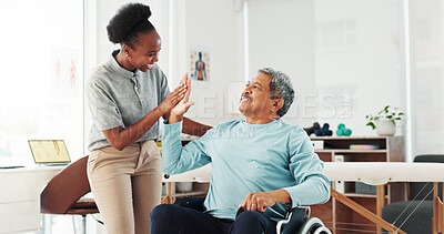 Buy stock photo Physical therapy, senior man and support in wheelchair with high five, recovery progress and rehabilitation healing. Healthcare, woman and elderly patient with celebration for physiotherapy success