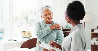 Buy stock photo Shoulder pain, physiotherapy and mature woman for consultation with muscle recovery. Clinic, clipboard and physical therapist for helping senior person with checklist for healthcare support service