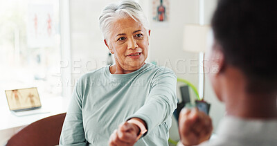 Buy stock photo Senior woman, physiotherapy and consultation for arm injury, recovery options or treatment. Physical therapy, retirement and help patient with medical healthcare, healing and rehabilitation in clinic