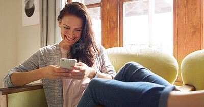 Buy stock photo Cellphone, relax and woman on sofa typing on mobile app for online dating with connection in home. Technology, calm and female person on couch with phone for texting in living room at apartment.