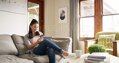 Buy stock photo Home, typing and woman with tablet, credit card and connection with payment. Transaction, tech and person on couch, online shopping and ecommerce with banking, purchase and investment in living room
