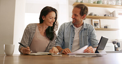 Buy stock photo Home, documents and couple with smile, finance and payment for mortgage, tablet and conversation Apartment, banking and man with woman in kitchen, investment and discussion with savings growth