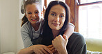 Love, hugging and portrait of mom with child on sofa in living room together in home. Happy, comfort and kid embracing mama for mothers day with care, safety and security in lounge in apartment.