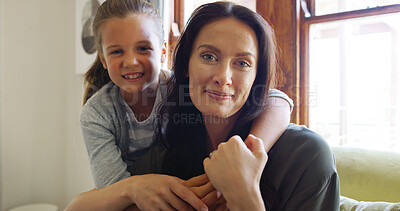 Buy stock photo Love, hugging and portrait of mom with child on sofa in living room together in home. Happy, comfort and kid embracing mama for mothers day with care, safety and security in lounge in apartment.