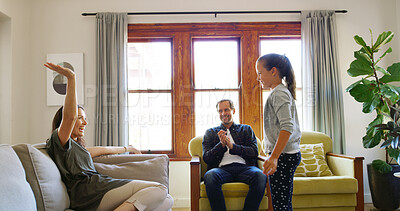 Buy stock photo Home, child and family clapping for performance, talent or acting rehearsal for praise or creativity. Happy, parents or girl in lounge with support, mom or dad for solo act, applause or encouragement