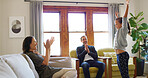 Home, child and parents clapping for performance, talent or acting rehearsal for family or creativity. Happy, energy or girl in lounge with support, mom or dad for solo act, applause or encouragement