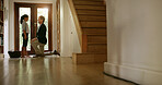 Goodbye, door or businessman with child in home for welcome, affection or return from work trip. Support, parent and dad in house for leaving, farewell and bonding together with girl, care and love