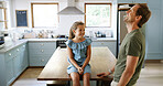 Child, relax and father laughing in kitchen for funny joke, playful family and bonding together. Smile, man and kid on counter with love moment, support and morning chat with dad for weekend at house