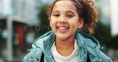 Buy stock photo Happy, student and portrait of child at school outdoors ready for class, lesson and learning with backpack. Smile, youth and young girl on campus excited for education, knowledge and development 