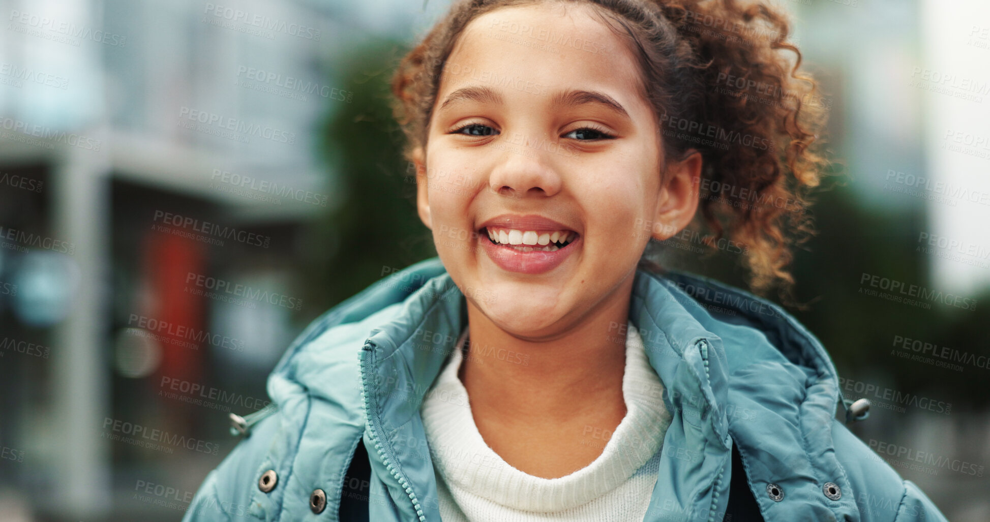 Buy stock photo Happy, student and portrait of child at school outdoors ready for class, lesson and learning with backpack. Smile, youth and young girl on campus excited for education, knowledge and development 
