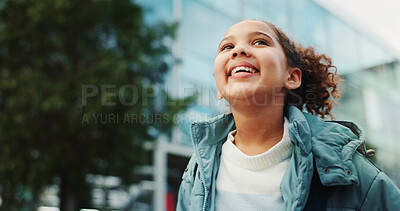 Buy stock photo Thinking, student and child walking at school ready for class, lesson and learning with backpack outdoors. Inspiration, youth and girl travel to campus for education, knowledge and development 