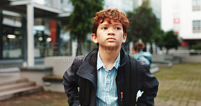 Buy stock photo Outdoor, school and boy with backpack for walking, education and studying opportunity with thinking. Campus, male child and student with confidence for elementary, learning academy and learner