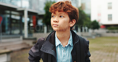 Buy stock photo Outdoor, school and student with backpack for walking, education and studying opportunity with thinking. Campus, male child and boy with thoughts for elementary, learning academy and learner outside