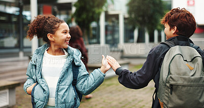 Buy stock photo Children, handshake and happy with greeting at school, start and excited for learning in morning. Kids, friends and shake hands for education, development and scholarship with kindness at academy