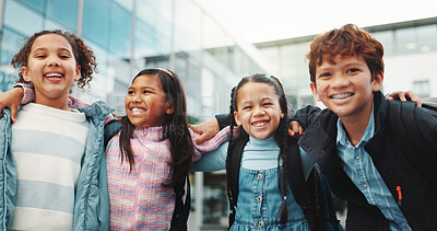Buy stock photo School kids, hug and friends in portrait, smile and outdoor in city for solidarity, connection or together. Children, group and excited for embrace, education and learning with scholarship at academy