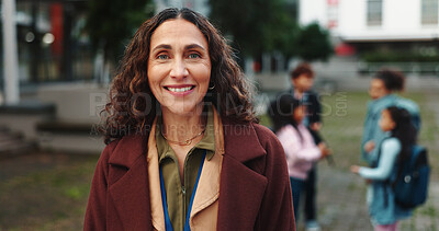 Buy stock photo School, outdoor and portrait of teacher with kids for education, learning and lesson. Educator career, academy and happy woman with young children for development, teaching and knowledge on campus