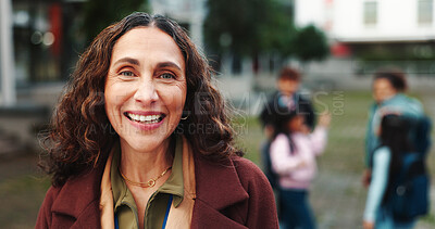 Buy stock photo Happy, outdoor and portrait of teacher at school with kids for education, learning and lesson. Educator, academy and woman with young children for development, teaching and knowledge on campus