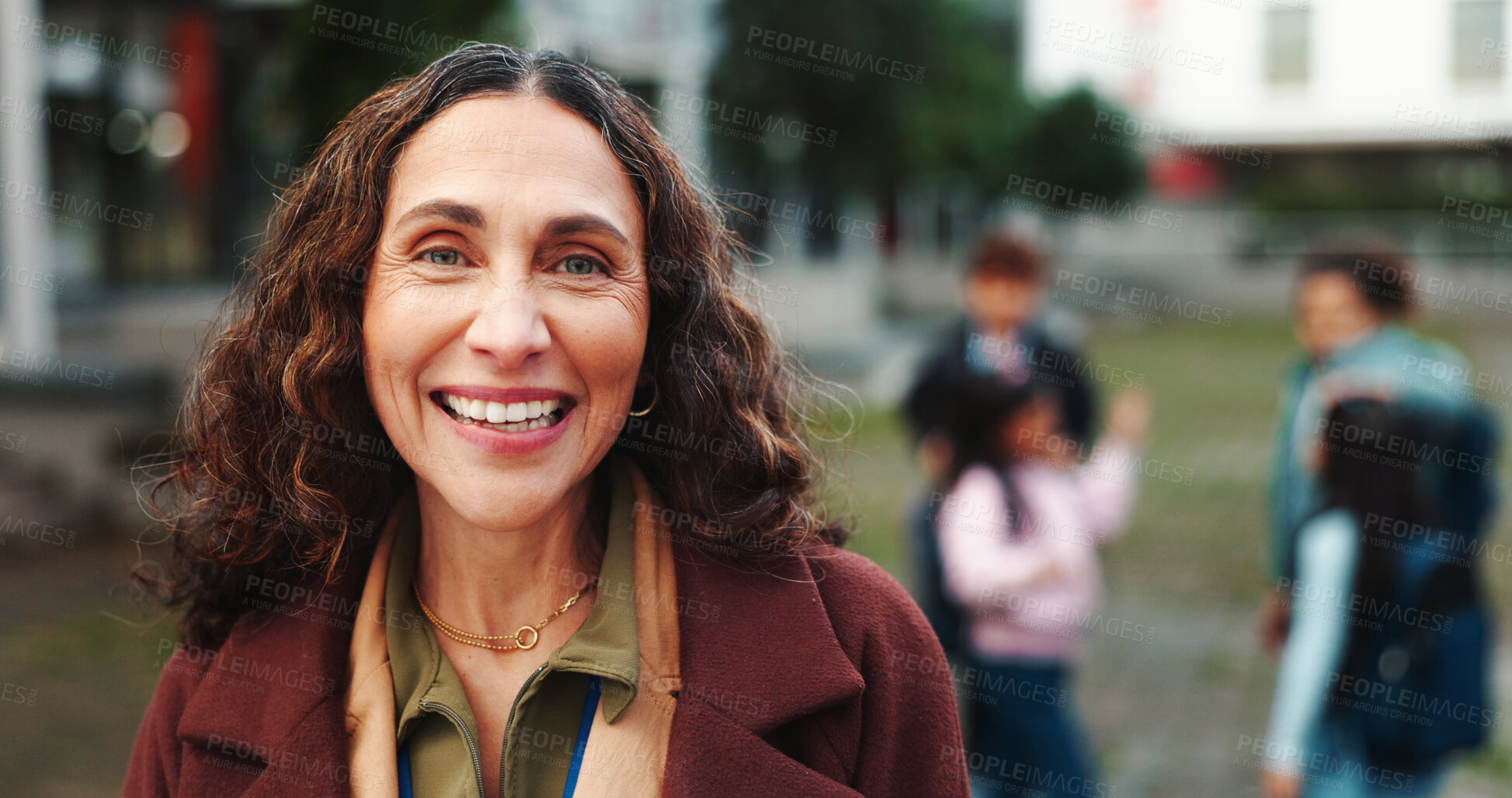 Buy stock photo Happy, outdoor and portrait of teacher at school with kids for education, learning and lesson. Educator, academy and woman with young children for development, teaching and knowledge on campus