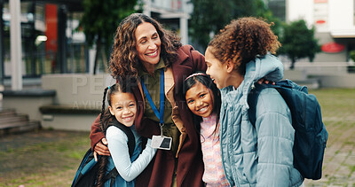 Buy stock photo School kids, hug and happy with teacher, outdoor and reunion in city for solidarity, connection or portrait. Children, group and woman with embrace, education and welcome for scholarship at academy