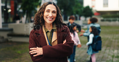 Buy stock photo Happy, crossed arms and portrait of teacher at school with kids for education, learning and lesson. Educator, academy and woman with children for development, teaching or youth empowerment on campus