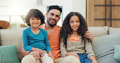 Buy stock photo Sofa, father and children in portrait for hug, connection and bonding together on holiday at home. Family house, boy and girl with dad for relationship, smile and and support on couch in living room