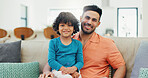 Home, portrait and father on sofa, boy and bonding together with smile in living room. Face, family and single parent on couch, dad or son with happiness, weekend break or support with love in lounge