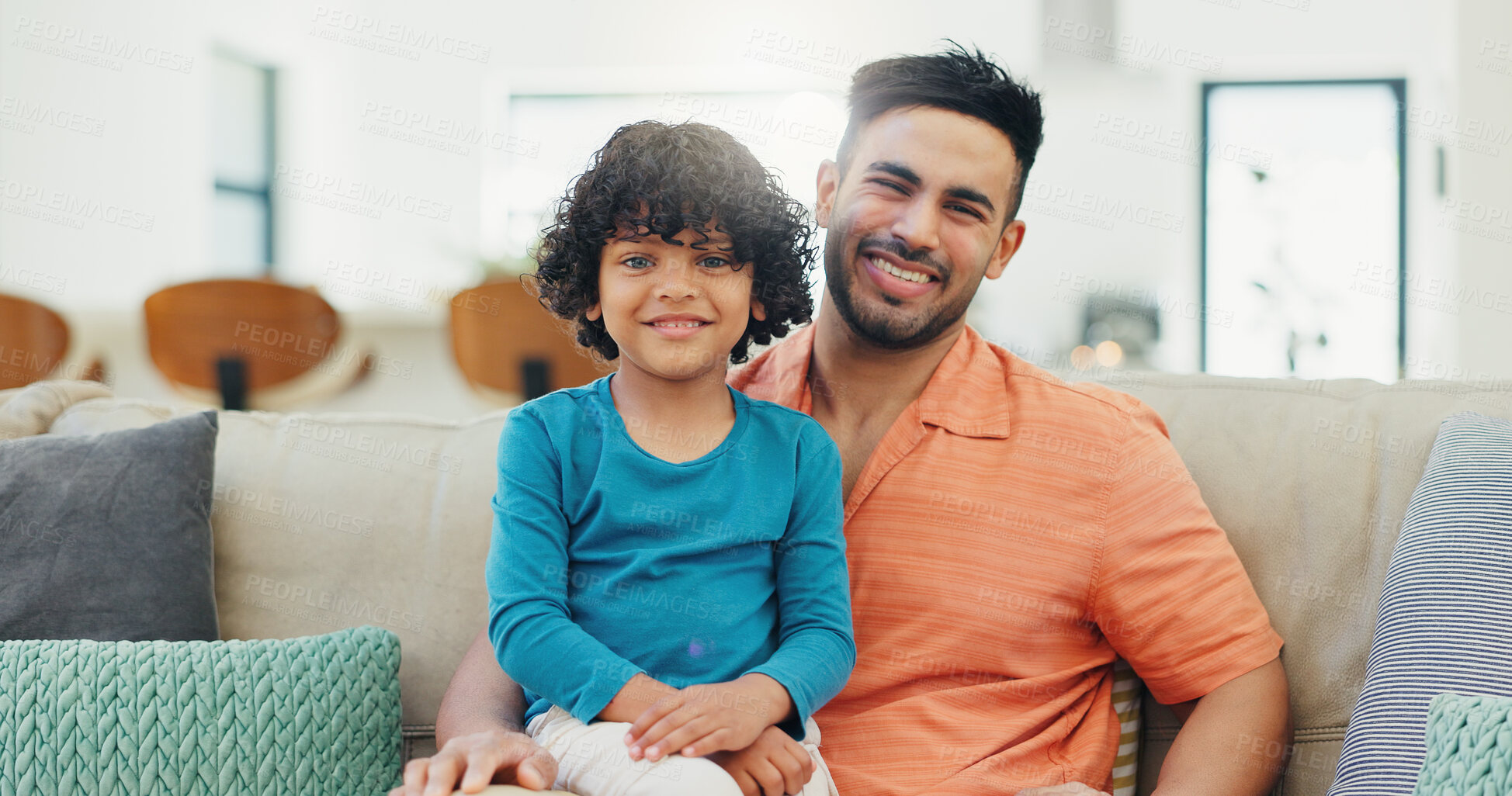 Buy stock photo Home, portrait and father on sofa, boy and bonding together with smile in living room. Care, family and single parent on couch, dad or son with happiness, weekend break or support with love in lounge