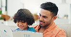 Father, boy and reading book on sofa, smile and learning with storytelling, development and literature. Dad, child and happy with language on couch, support and guide for education in family house