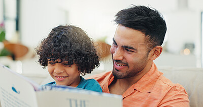 Buy stock photo Father, boy and reading book on sofa, smile and learning with storytelling, development and literature. Dad, child and happy with language on couch, support and guide for education in family house