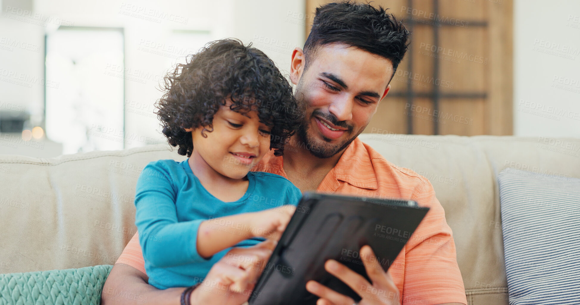 Buy stock photo Father, boy and tablet on sofa, smile and scroll with choice for film, movie and relax in living room. Dad, child and happy with touchscreen on app, streaming or subscription with game in family home
