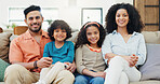 Happy, relax and portrait of family on sofa in home for bonding, connection or quality time. Love, smile and children with mother and father in living room for school holiday or weekend together.