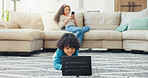 Relax, streaming and tablet with boy on floor in living room of home for break or education. App, games or watching video and brother in apartment for distance learning or remote study with sister