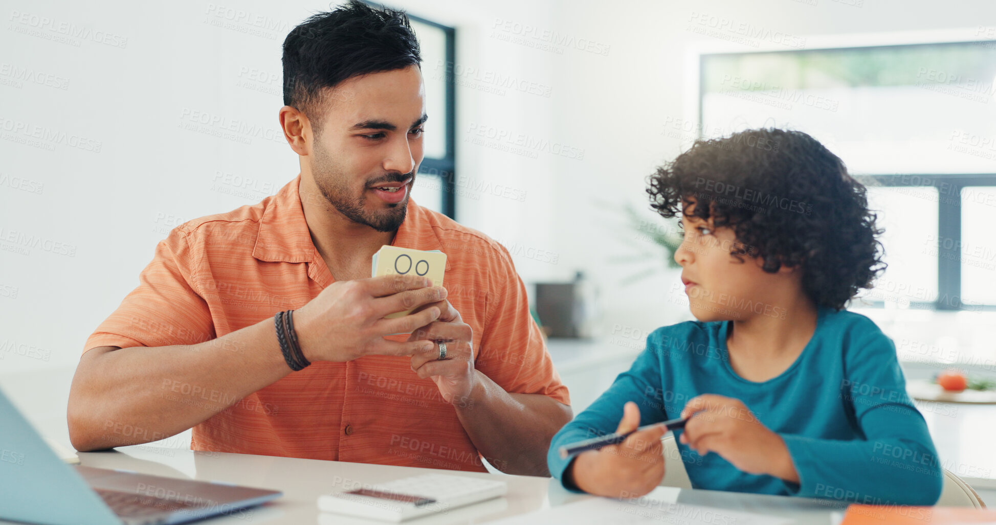 Buy stock photo Home, dad and child with cards for education, learning and cognitive development with support. Laptop, father and boy with assistance for studying, online class project and knowledge in family house