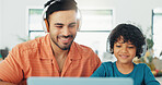 Headphones, laptop and dad with child for elearning, education or online class in home. Audio tech, computer and father helping boy kid with virtual school for studying, test or assignment in house.