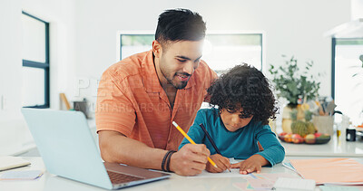 Buy stock photo Writing, laptop and father with child in house for homework, studying or assignment for school. Education, learning and dad with boy kid for family support with test or exam in apartment together.