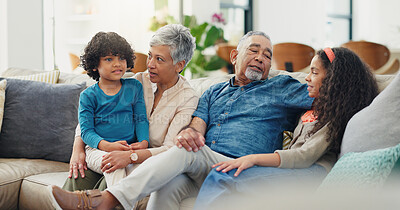 Buy stock photo Happy kids, relax and grandparents on sofa in home for bonding, talking or support in family. Retirement, smile and children with grandmother, love or grandfather in living room together for care