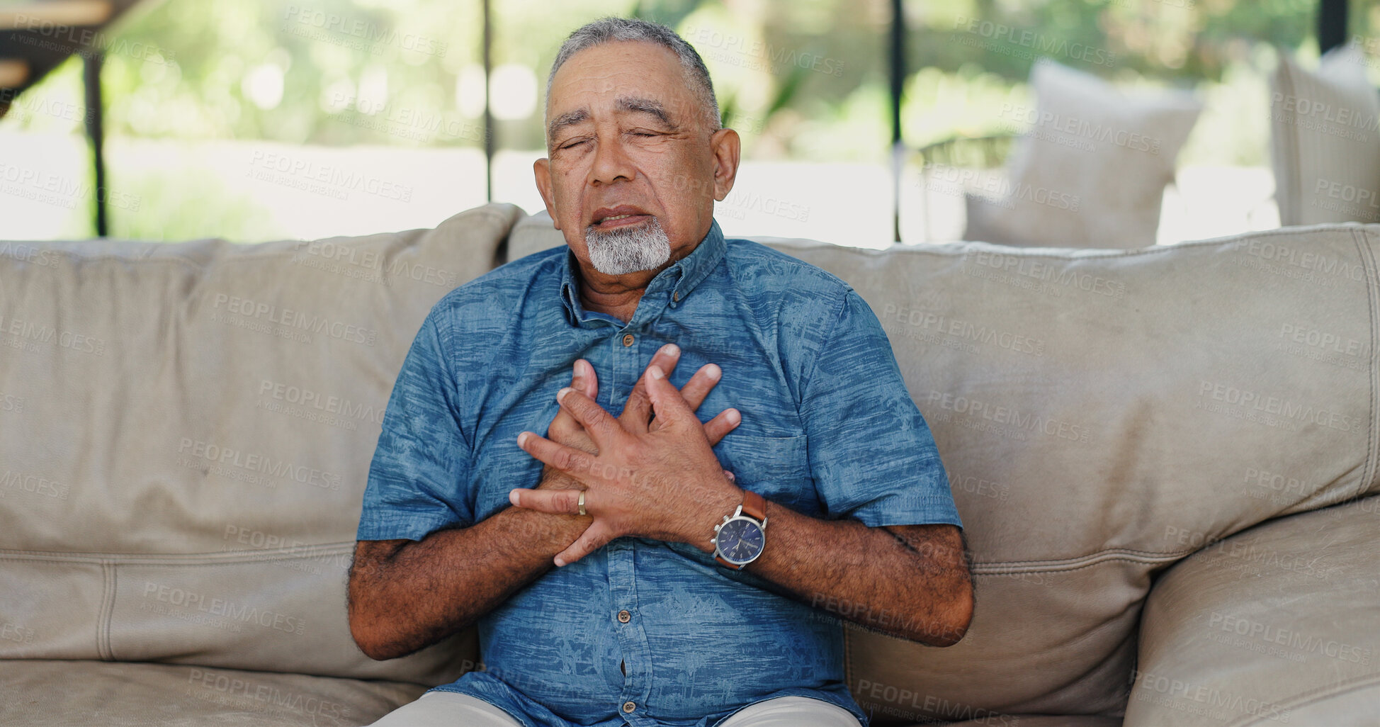 Buy stock photo Senior man, stress and chest pain with heart attack on sofa for health fail, artery pressure and medical emergency. Cardiovascular, elderly person or discomfort with cardiac arrest and danger in home