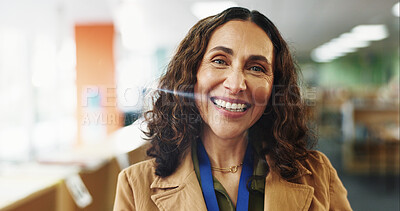 Buy stock photo Confident, teacher and woman with smile, education and curriculum for school in elementary and portrait. Happy, educator and mature person with joy for career growth, knowledge and academy in USA