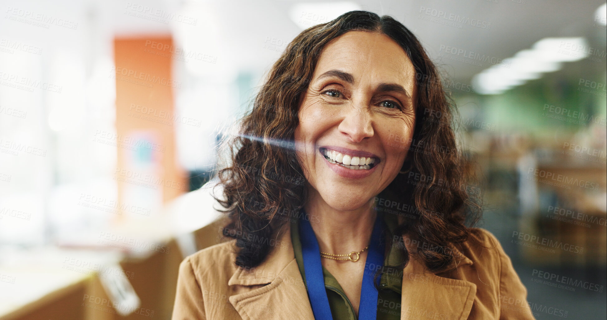 Buy stock photo Confident, teacher and woman with smile, education and curriculum for school in elementary and portrait. Happy, educator and mature person with joy for career growth, knowledge and academy in USA