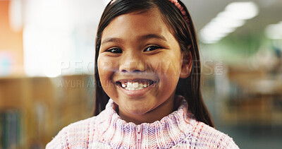 Buy stock photo Excited, education and portrait of child in library for learning, studying or development with literature. Happy, face and student from Colombia with back to school, scholarship or growth at campus.
