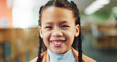 Buy stock photo Happy, education and portrait of kid in library for learning, studying or development with literature. Smile, face and student from Brazil with back to school, scholarship or growth at campus.