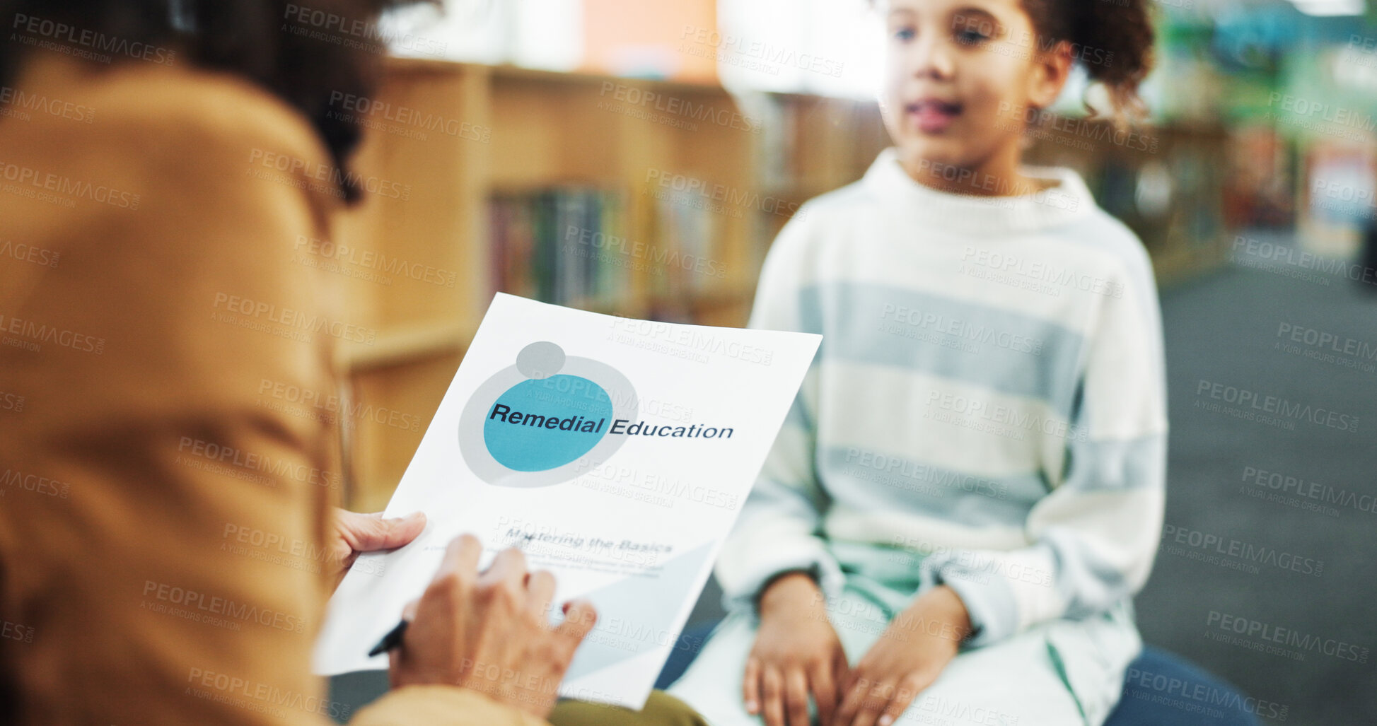 Buy stock photo Discussion, library and kid with school counsellor for future, growth or remedial education. Talking, help and therapist with girl student for skills development with assessment at campus for ADHD.